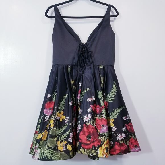 Sherri Hill Floral Fit and Flare Satin Mini Dress Lace Up Back with Pockets - Picture 3 of 16